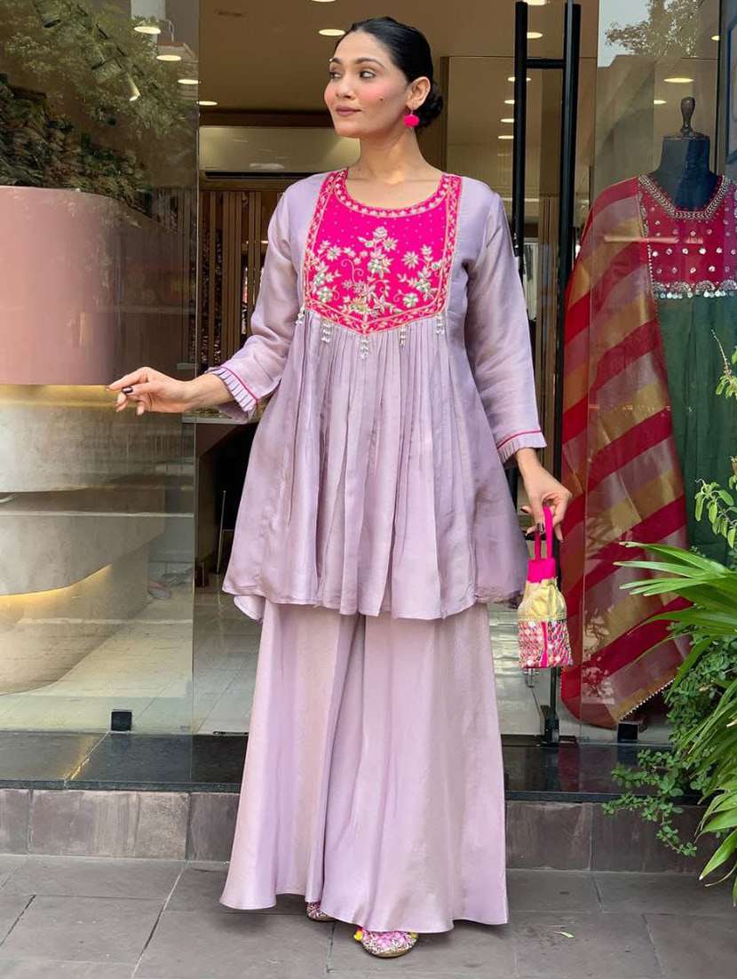 women solid with work three quarter sleeve kurta sharara set - 22471594 -  Standard Image - 2