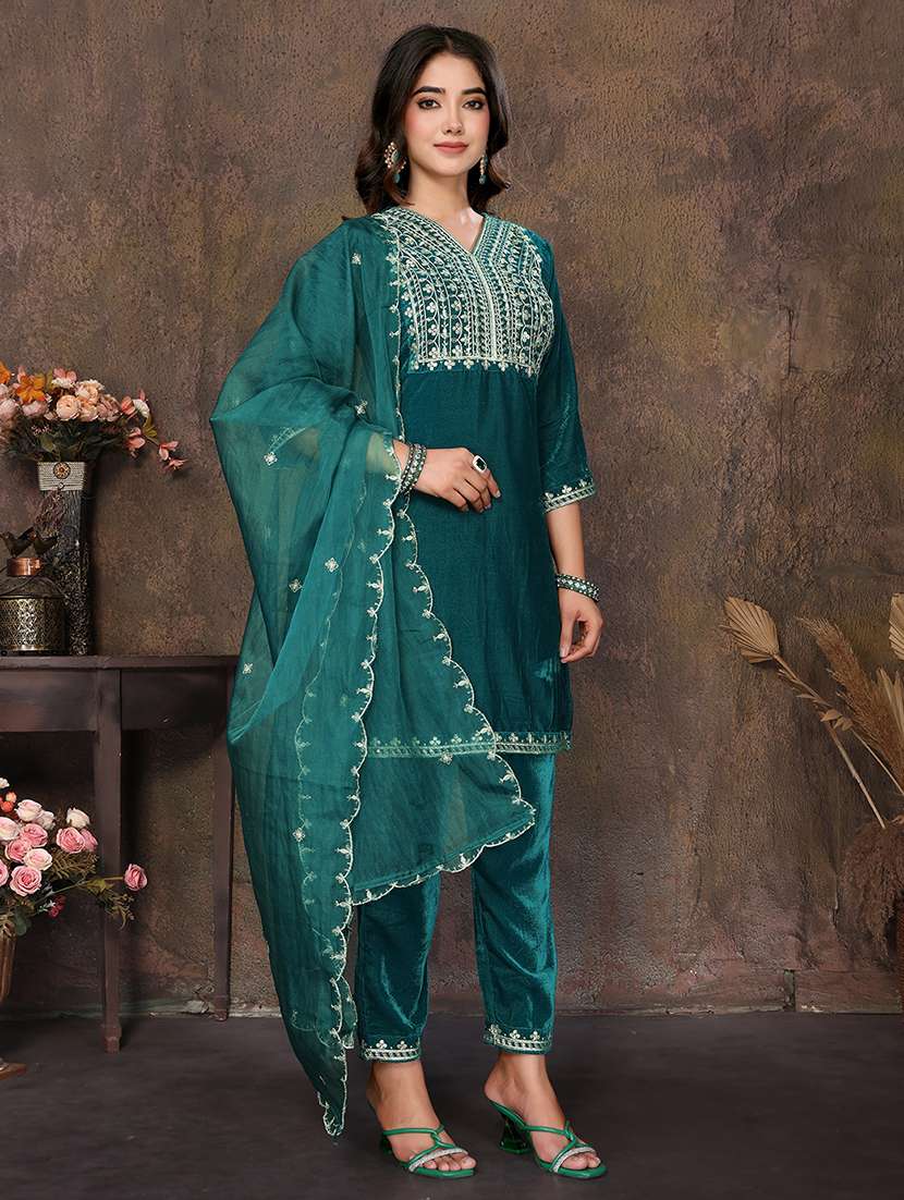 women self design teal suit set - 22471702 -  Standard Image - 2