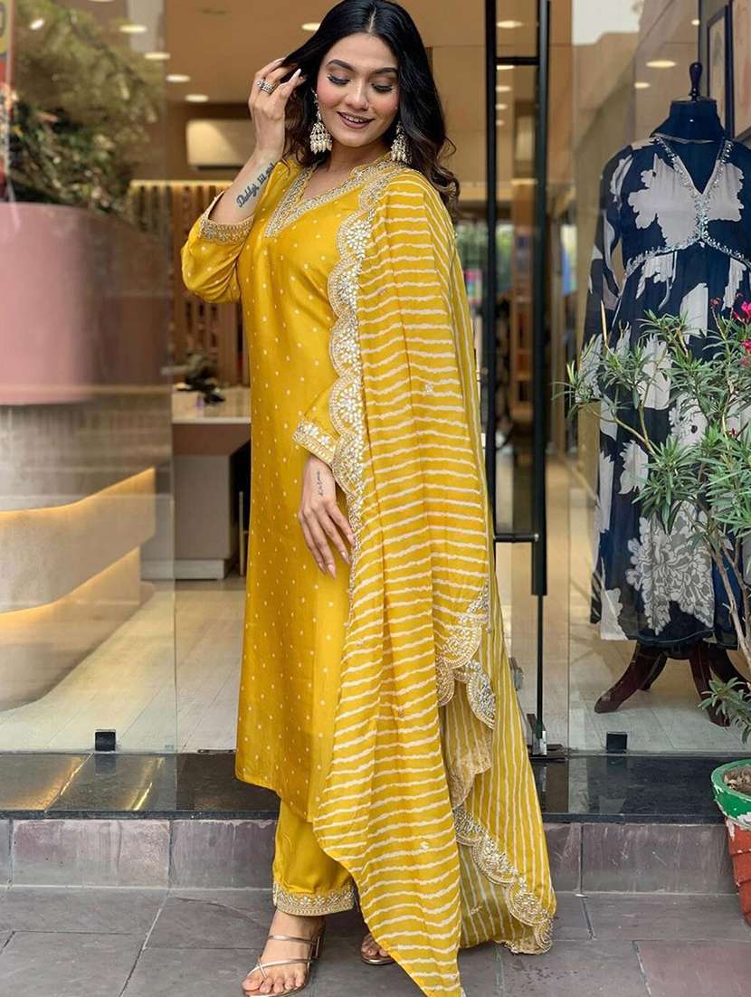 women self design yellow suit set - 22471714 -  Standard Image - 2