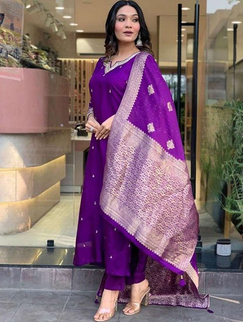 women self design purple suit set - 22471716 -  Standard Image - 2