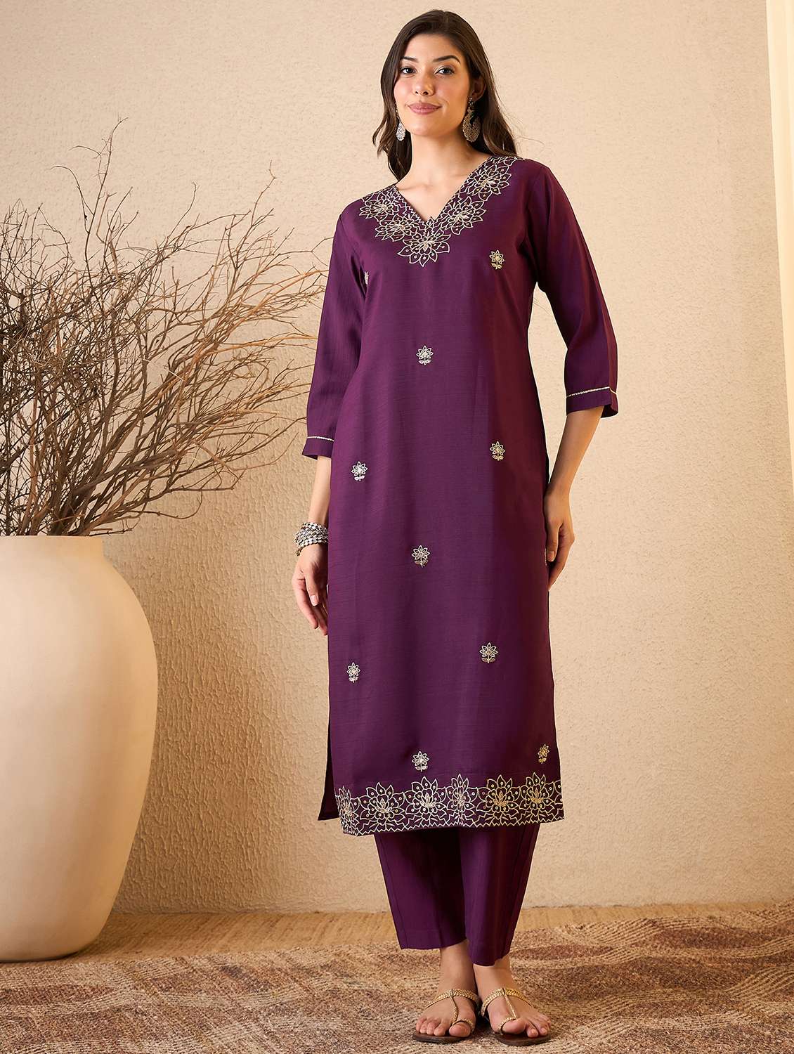 women embroidered three quarter sleeves kurta pant set with dupatta - 22471748 -  Standard Image - 2