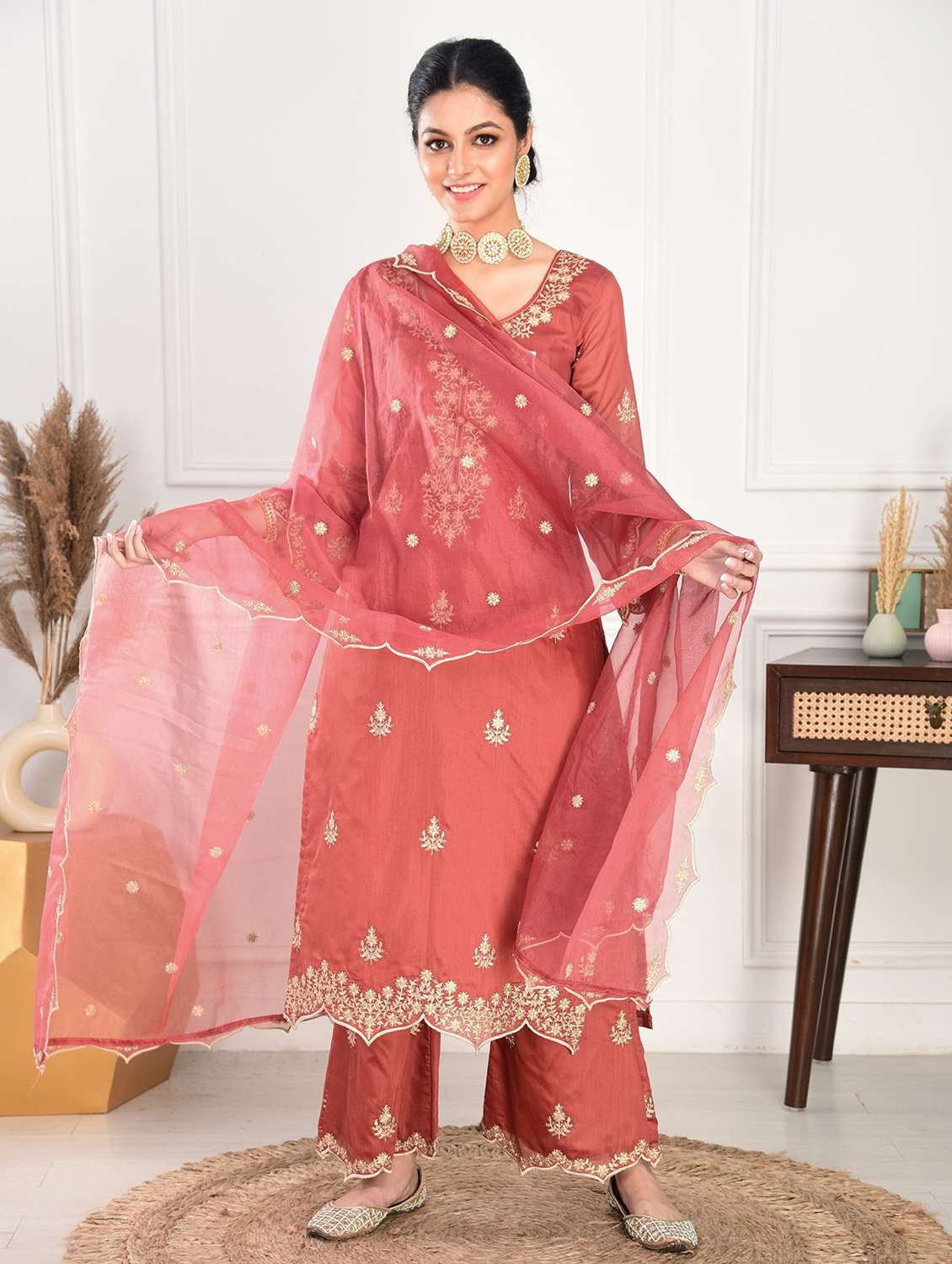 women embroidered three quarter sleeves kurta pant set with dupatta - 22471754 -  Standard Image - 2