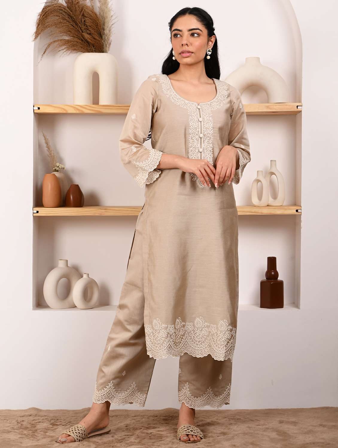 women embroidered three quarter sleeves kurta pant set with dupatta - 22471762 -  Standard Image - 2