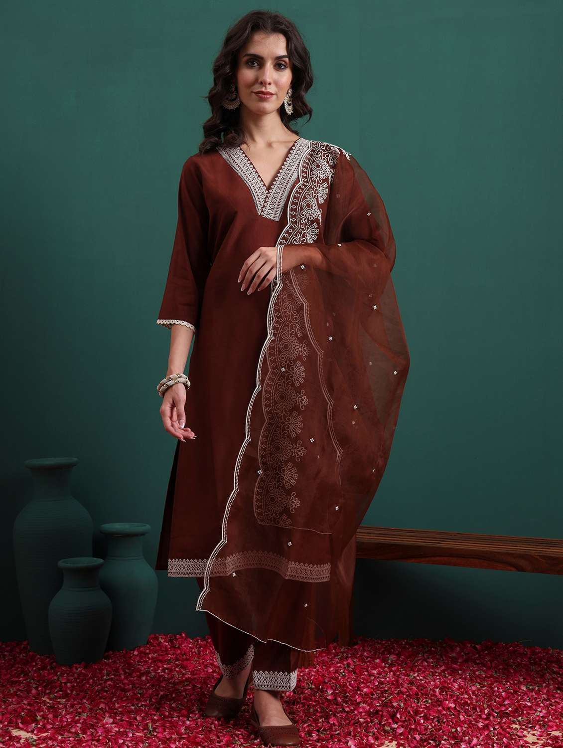 women self design coffee brown suit set