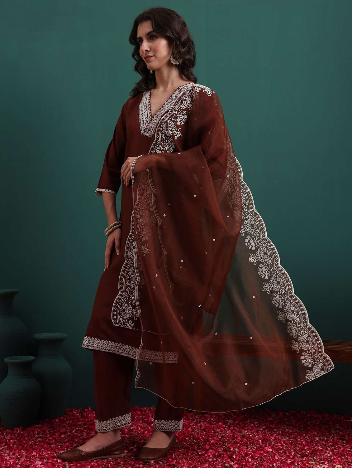 women self design coffee brown suit set - 22471764 -  Standard Image - 2