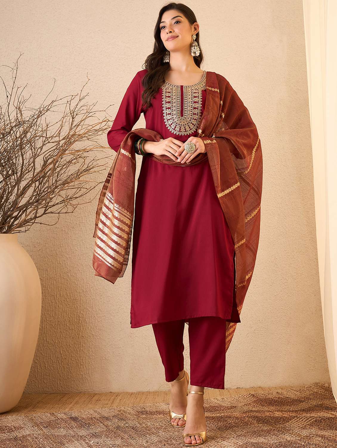 women embroidered three quarter sleeves kurta pant set with dupatta - 22471779 -  Standard Image - 2