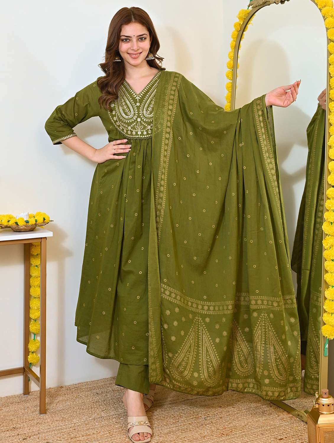 women self design olive suit set