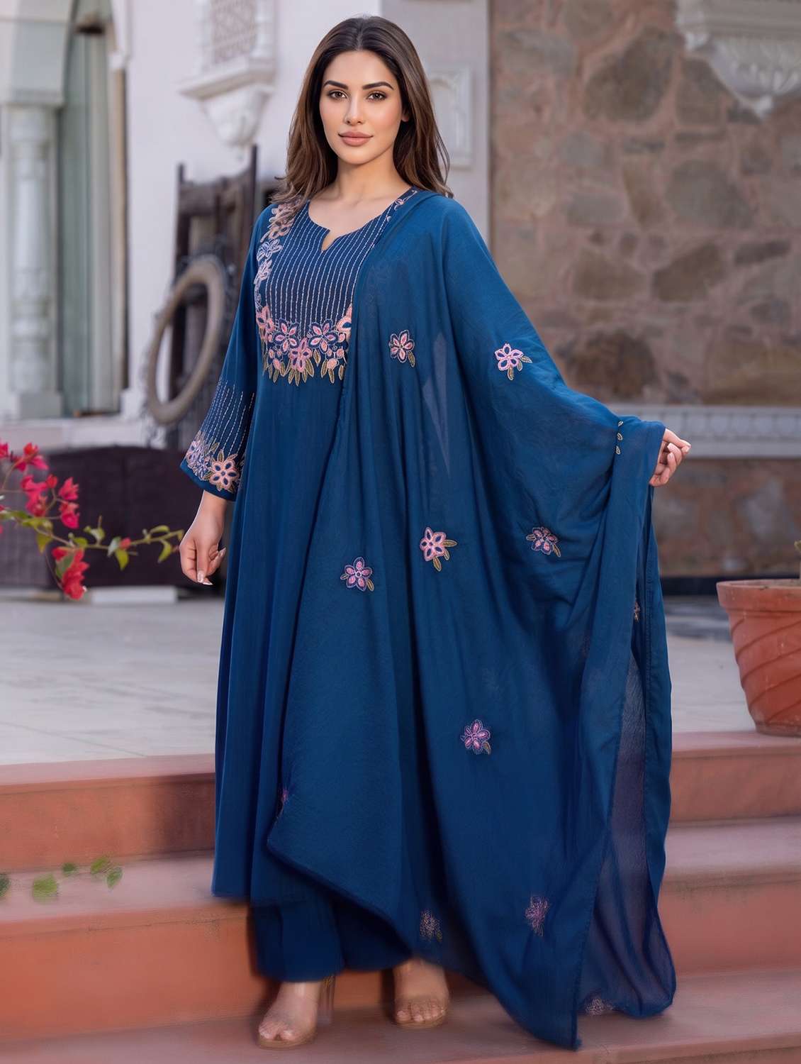 women embroidered three quarter sleeves kurta pant set with dupatta - 22471788 -  Standard Image - 2