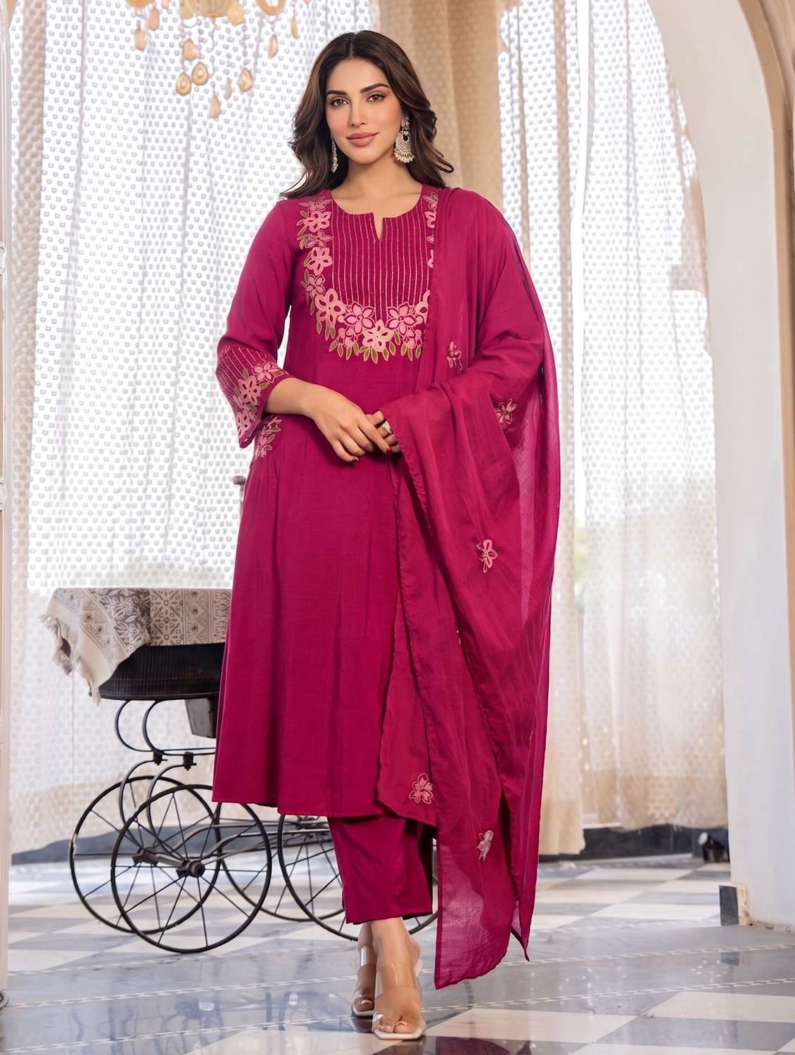 women embroidered three quarter sleeves kurta pant set with dupatta - 22471789 -  Standard Image - 2