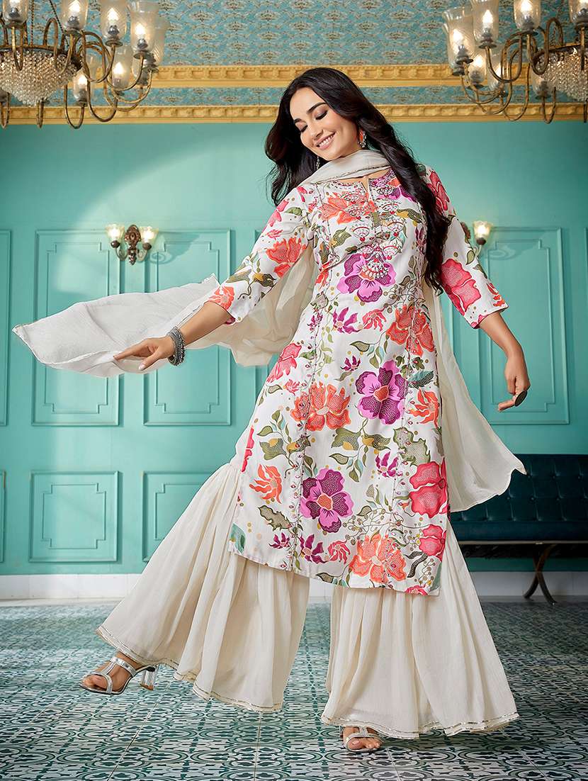 women printed three quarter sleeves kurta sharara set with dupatta - 22471829 -  Standard Image - 2