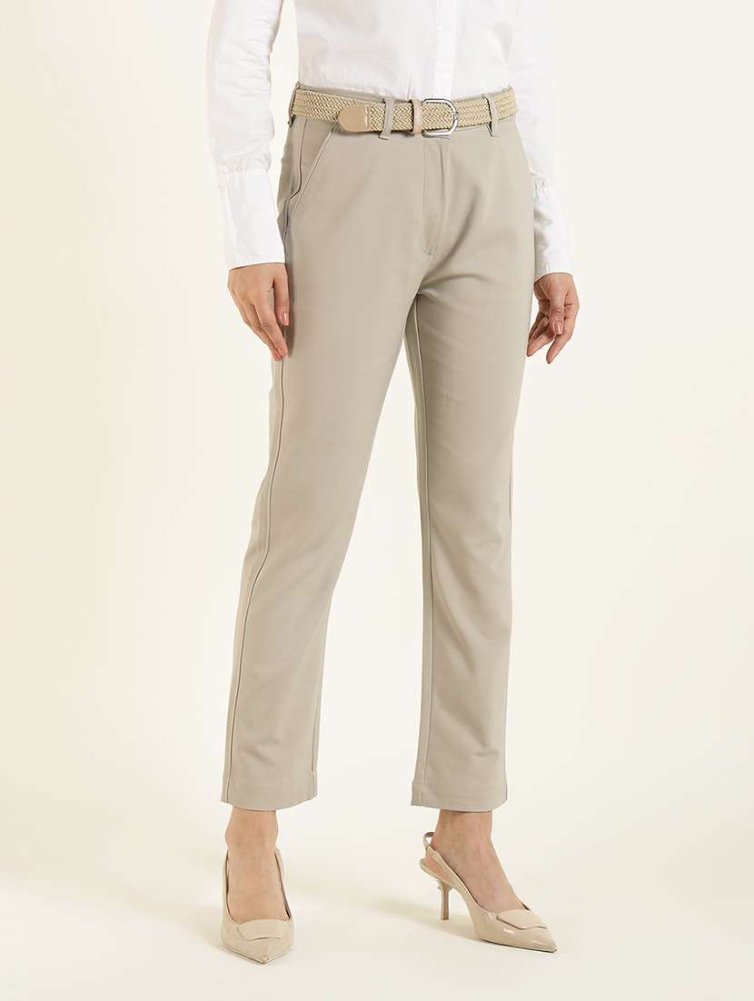 women beige solid cigarette fit formal trouser - 22471835 -  Standard Image - 2