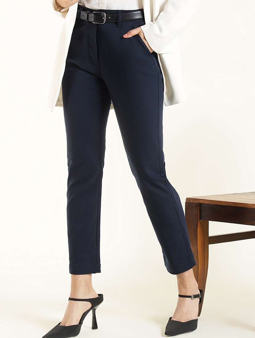 women navy blue cotton cigarette pants trouser
