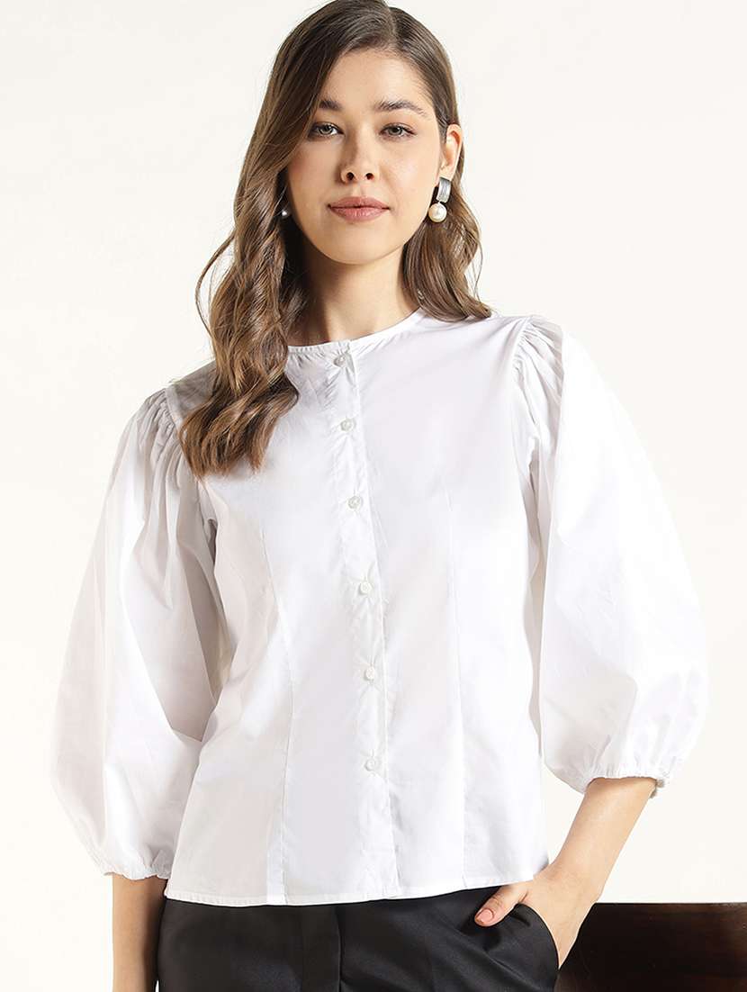 women cotton regular fit white puff sleeve shirt