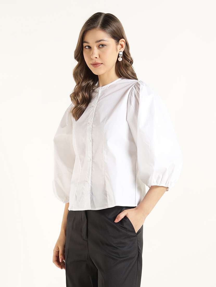 women cotton regular fit white puff sleeve shirt - 22471841 -  Standard Image - 2
