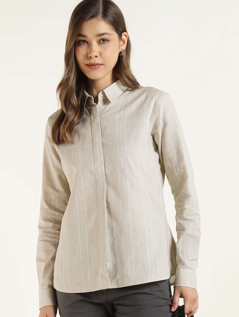 women stripes beige linen blend formal shirt