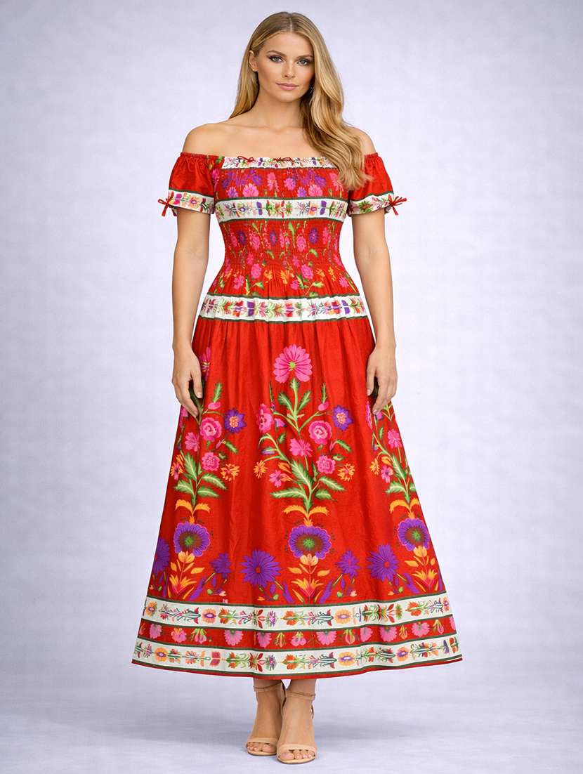 women printed off shoulder fit & flare dress