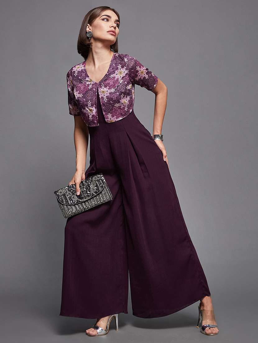 women solid v-neck purple full leg jumpsuit - 22472401 -  Standard Image - 2
