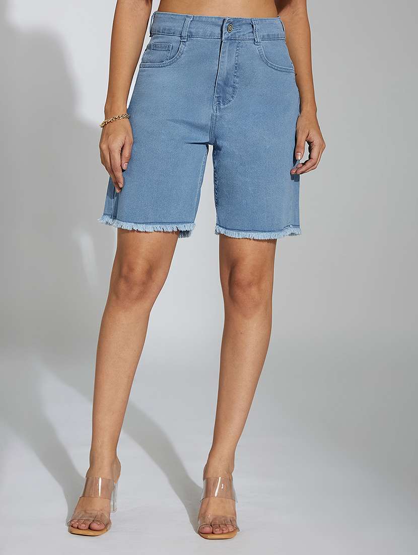women solid high rise denim shorts