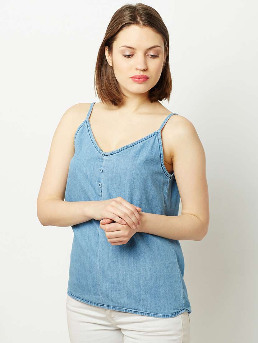 women solid blue denim regular top