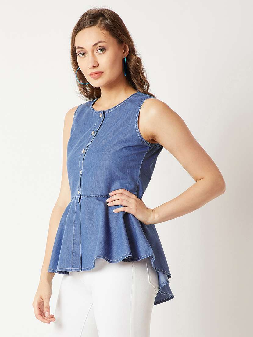 women solid blue denim regular top