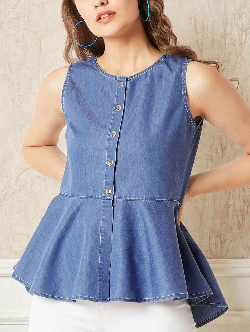 women solid blue denim regular top - 22472468 -  Standard Image - 2