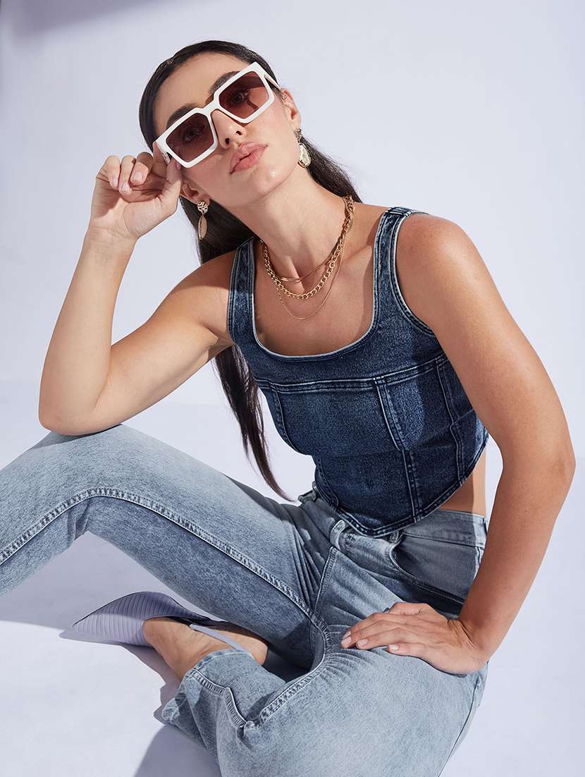 Women Solid Blue Denim Regular Top - 22472469 -  Standard Image - 2