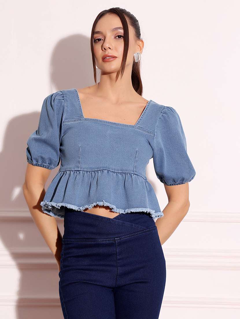 women solid  blue denim regular top