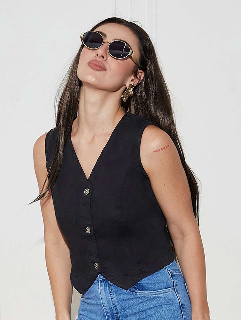women solid  black denim regular top - 22472471 -  Standard Image - 2
