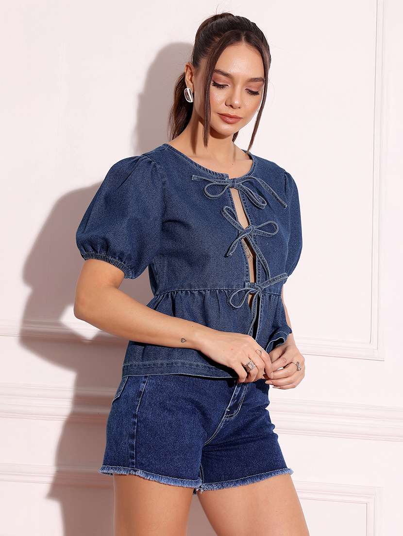 Women Solid Blue Denim Regular Top - 22472472 -  Standard Image - 2