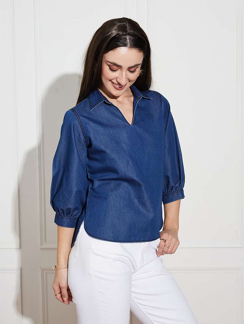 women solid  blue denim regular top - 22472473 -  Standard Image - 2