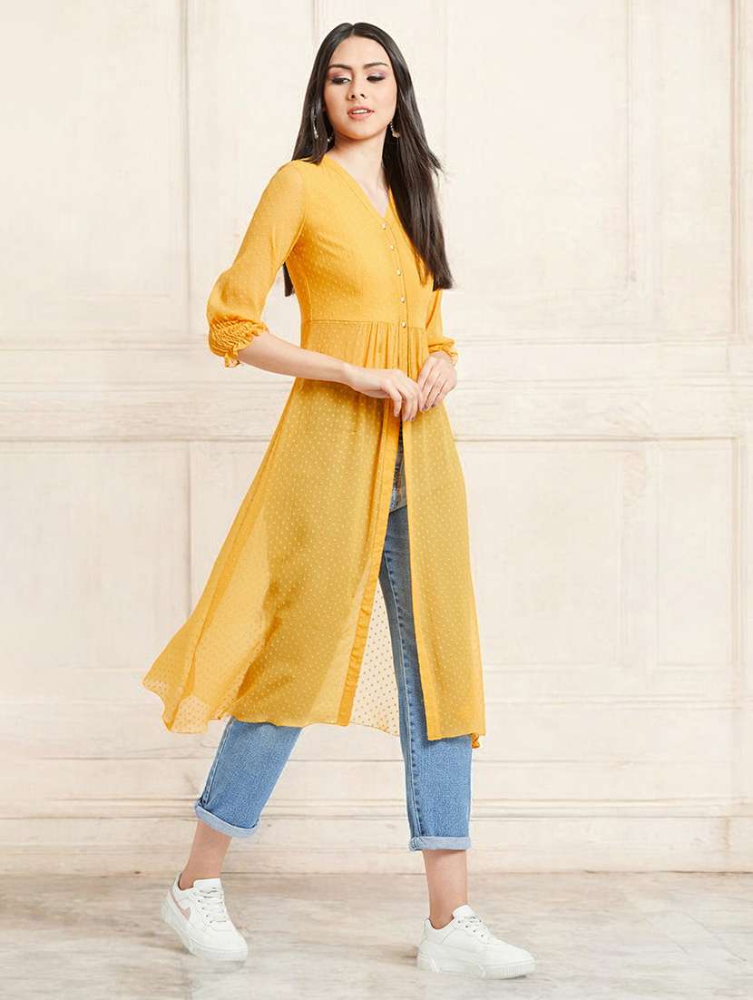 women solid yellow chiffon regular top - 22472476 -  Standard Image - 2