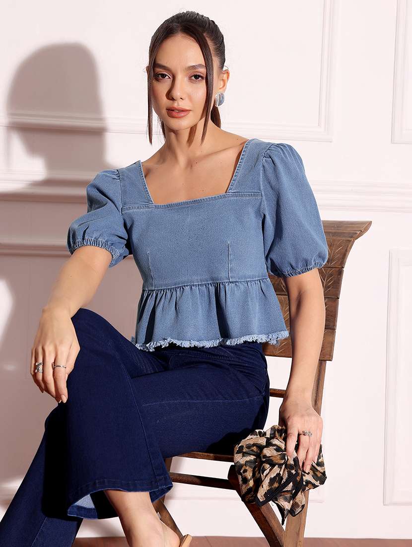women solid blue denim regular top - 22472479 -  Standard Image - 2