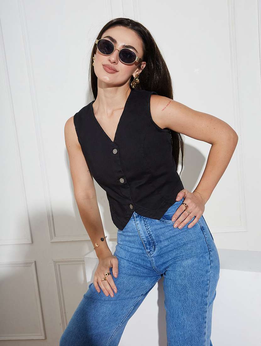 women solid black denim regular top - 22472480 -  Standard Image - 2