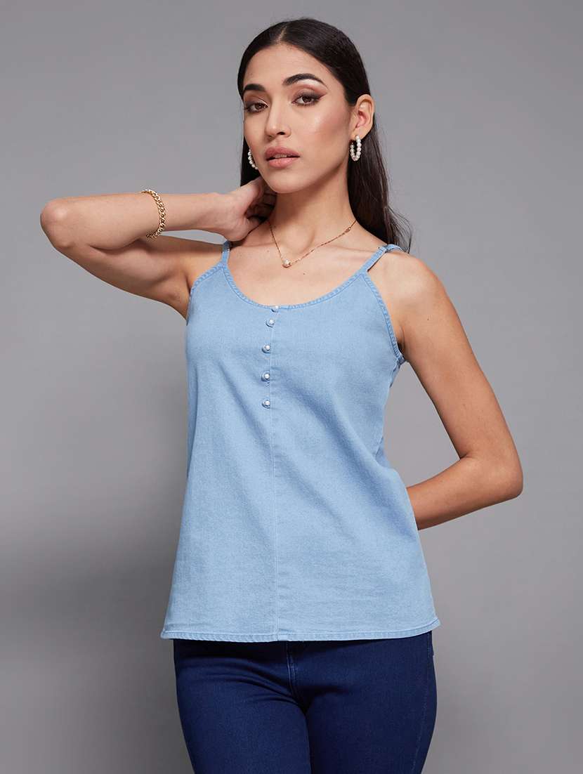 women solid blue denim regular top