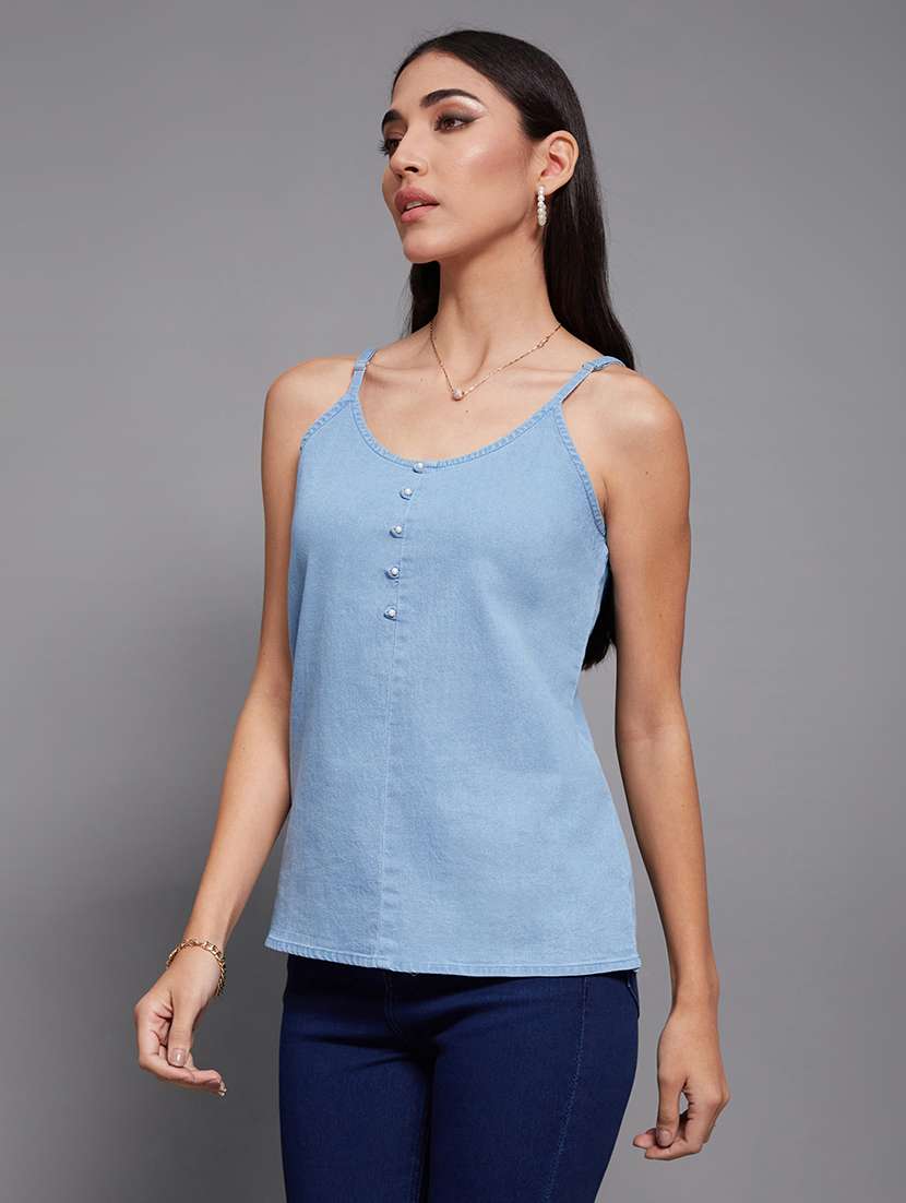 women solid blue denim regular top - 22472482 -  Standard Image - 2