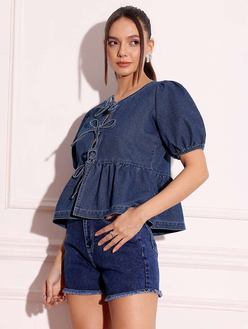 women solid blue denim regular top