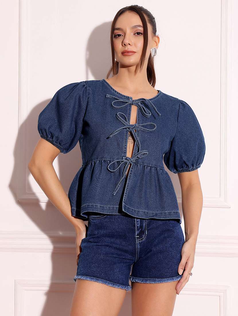 women solid blue denim regular top - 22472484 -  Standard Image - 2