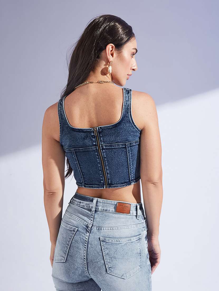 women solid blue denim regular top - 22472485 -  Standard Image - 2