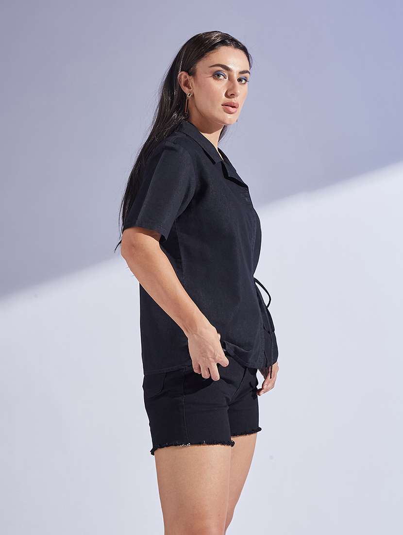 women solid black denim regular shirt - 22472486 -  Standard Image - 2