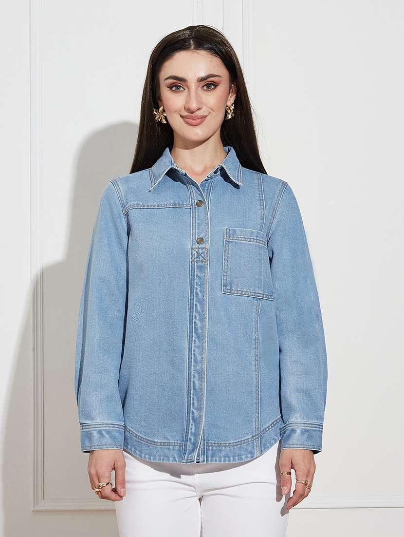 women solid collared long sleeve denim shirt