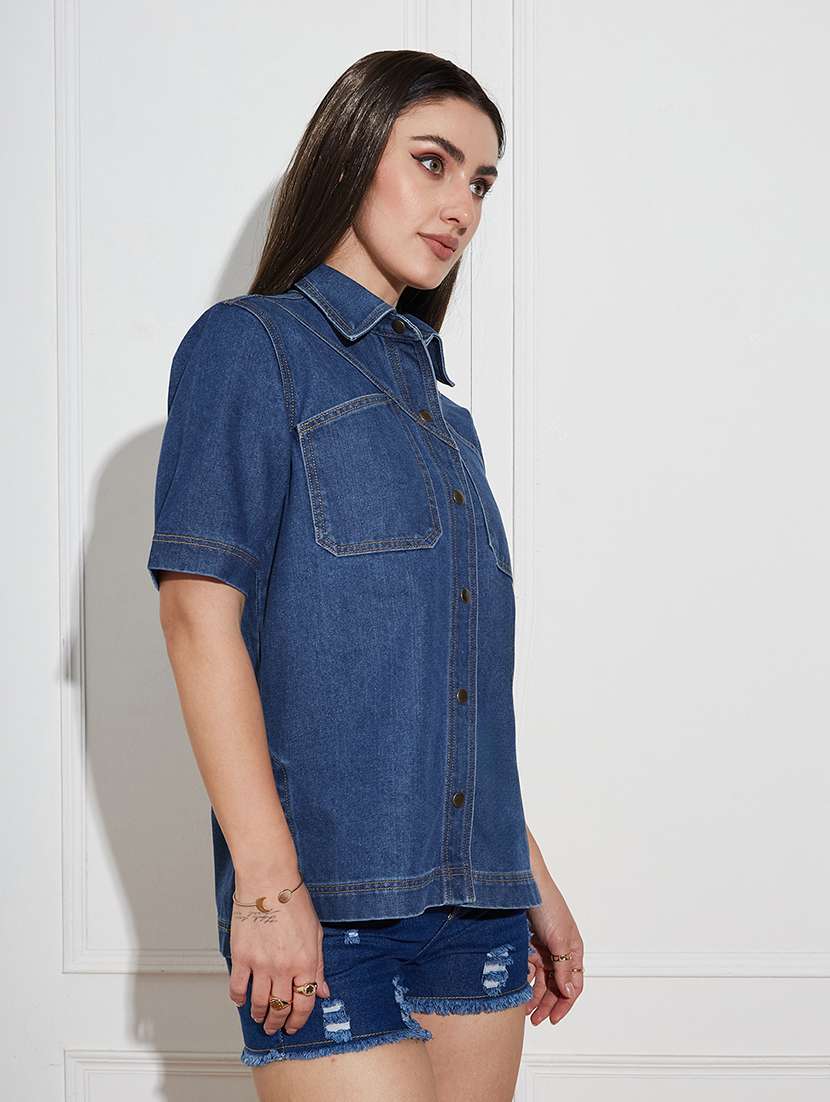 women blue denim regular shirt