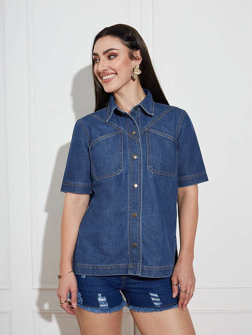 women solid blue denim regular shirt