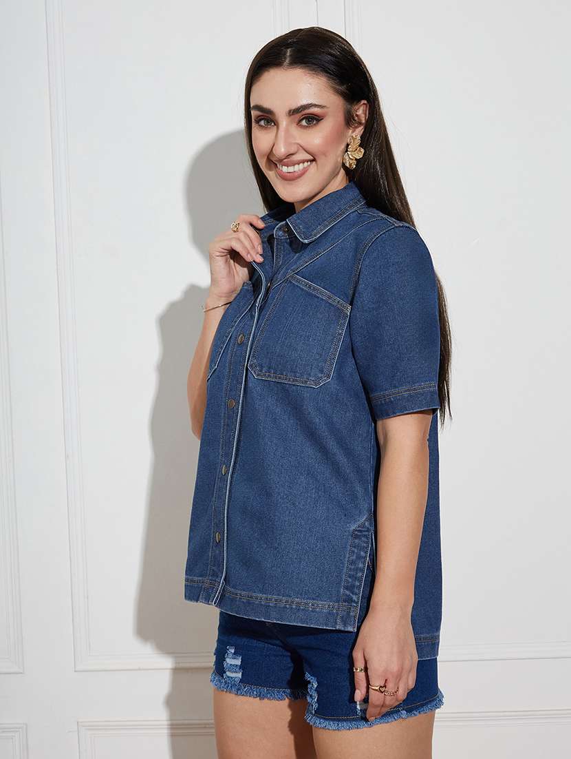 women solid blue denim regular shirt - 22472492 -  Standard Image - 2