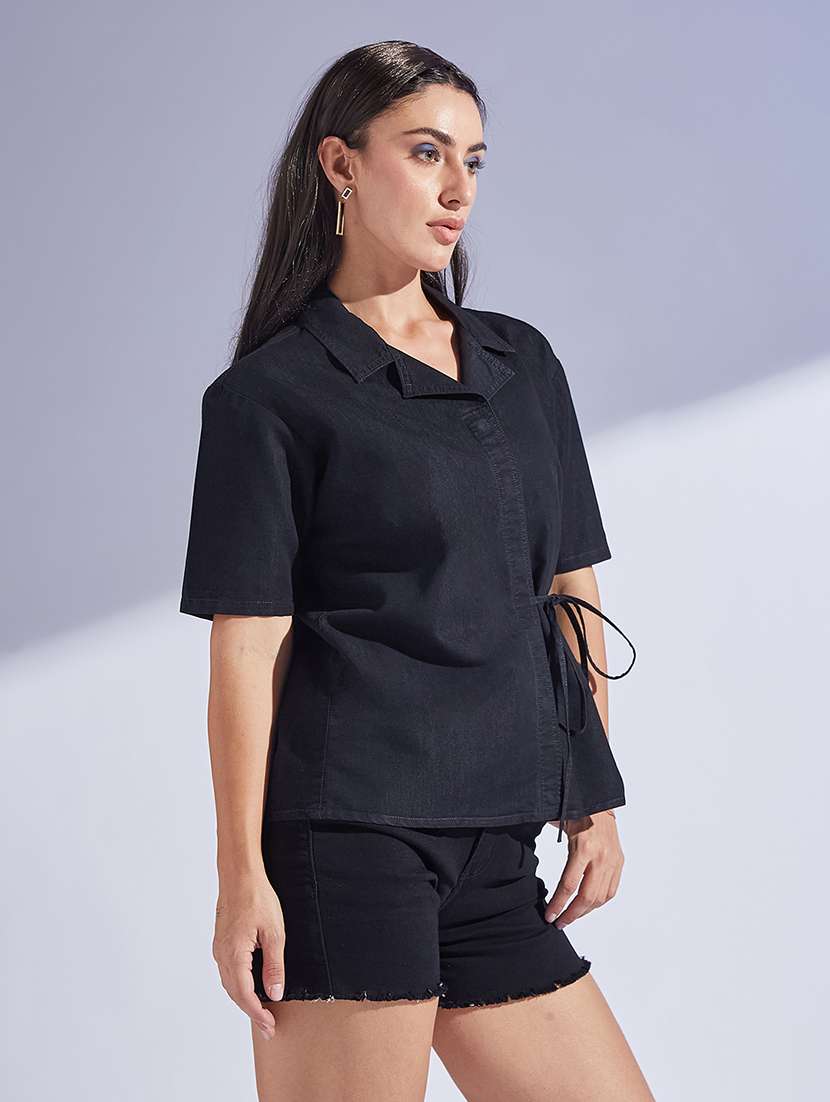 women solid black denim regular shirt - 22472494 -  Standard Image - 2