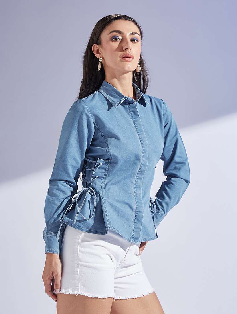 women solid collared long sleeve denim shirt - 22472495 -  Standard Image - 2