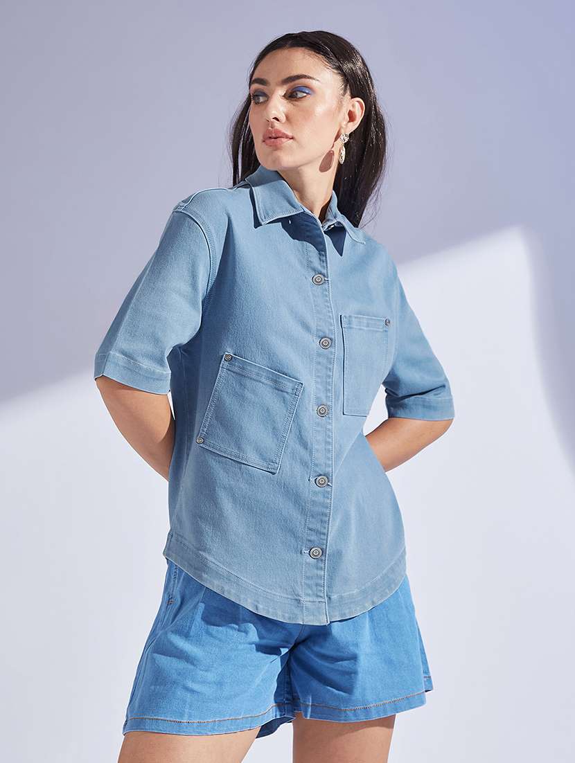 women solid blue denim regular shirt - 22472496 -  Standard Image - 2