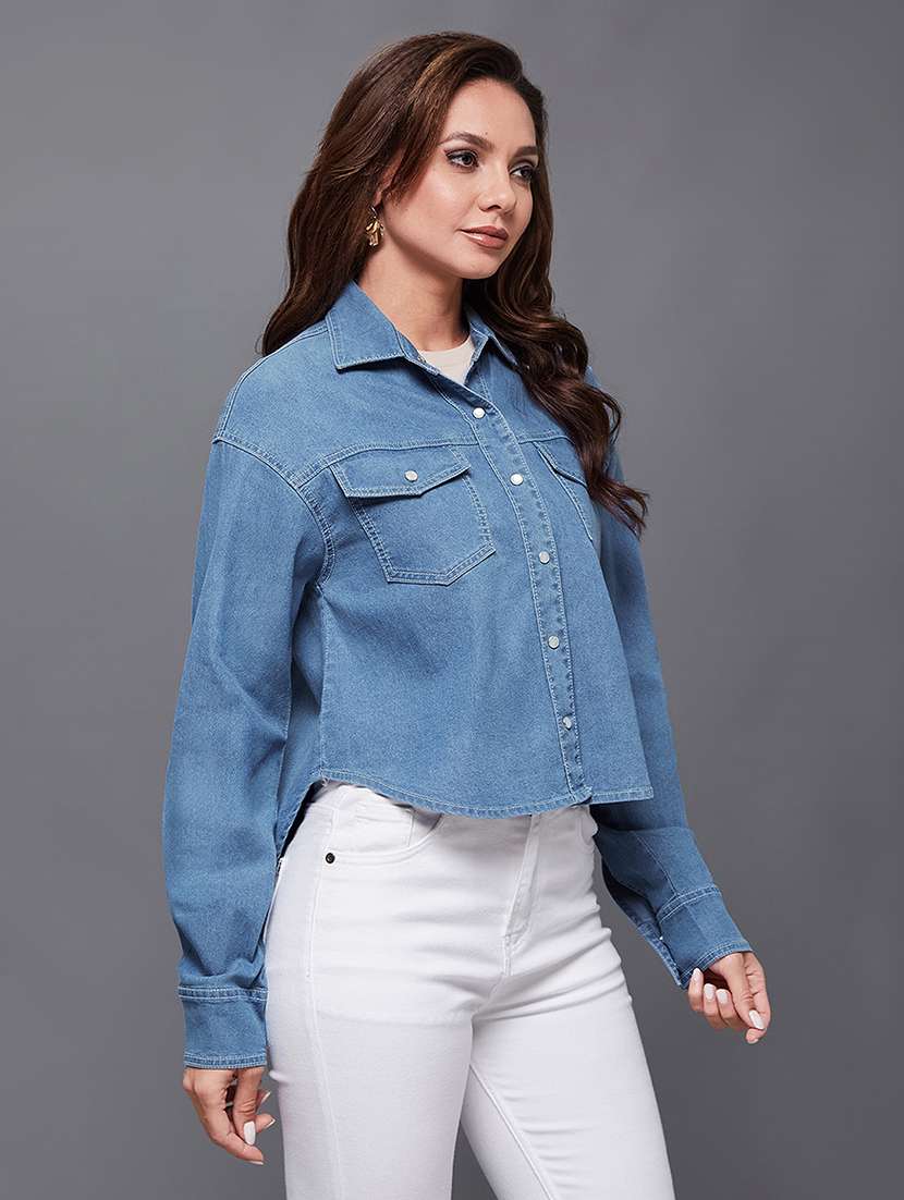 women solid blue denim regular shirt - 22472497 -  Standard Image - 2