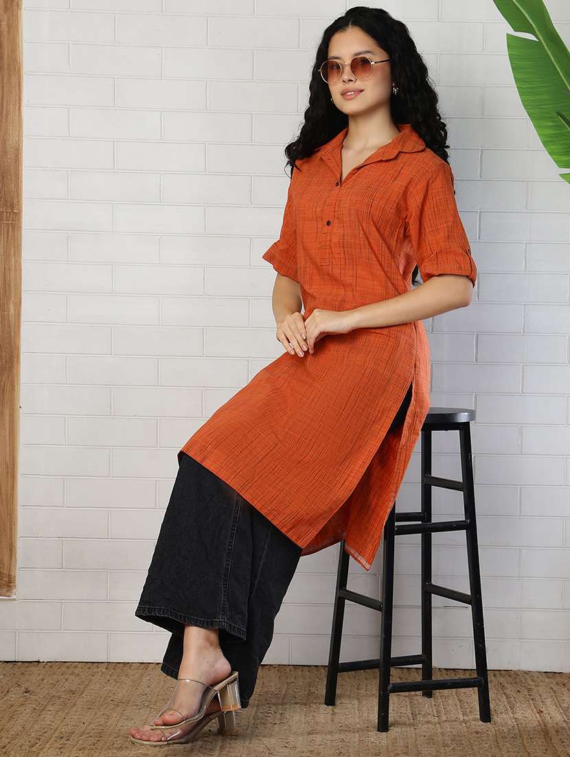 women orange cotton straight kurta