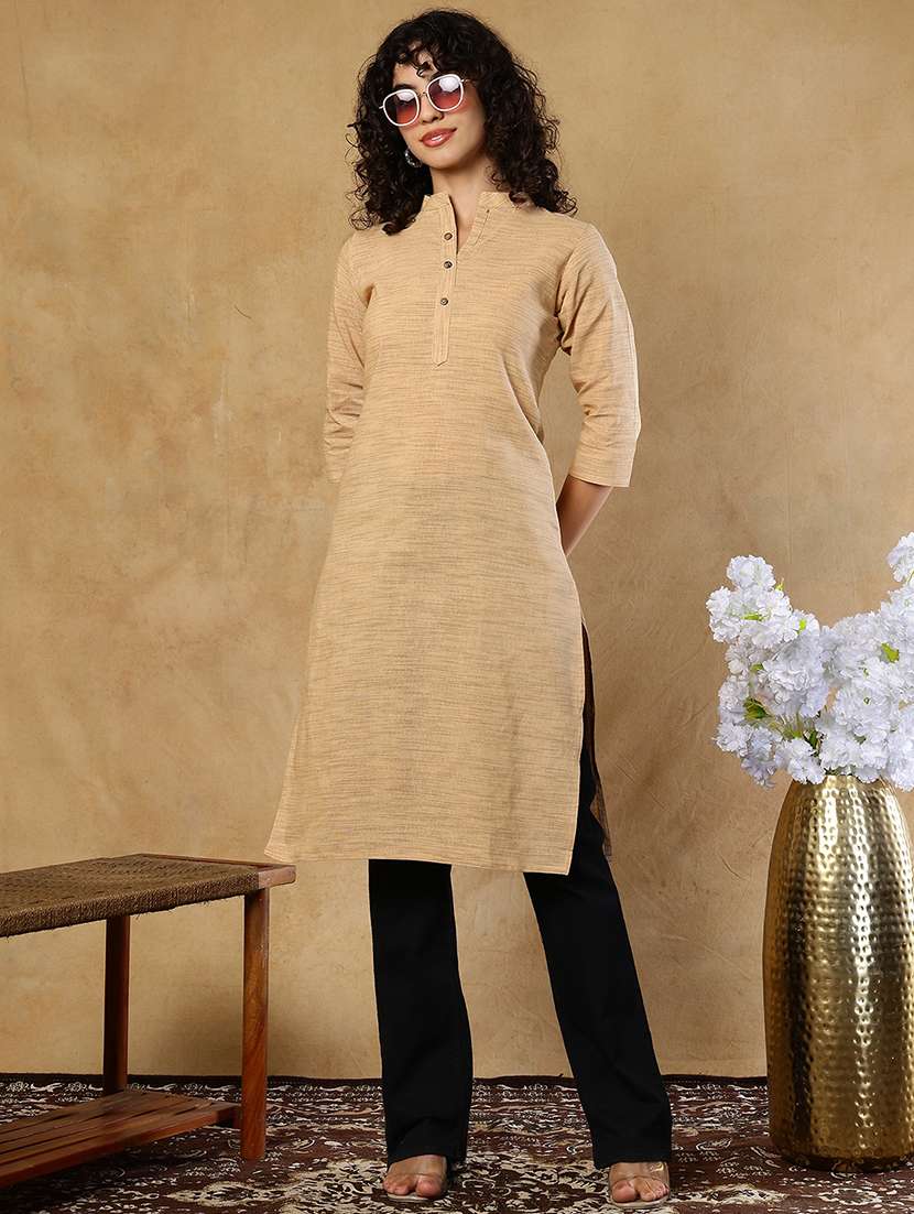 women beige cotton straight kurta