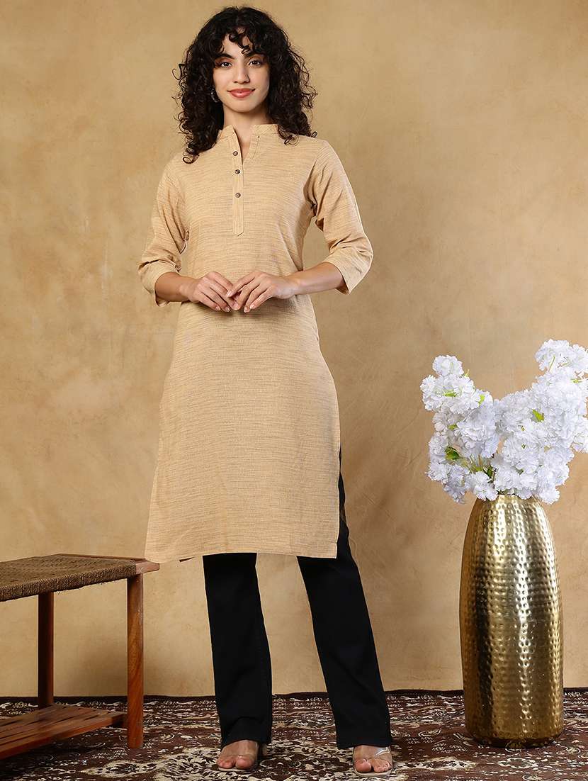 Women Beige Cotton Straight Kurta - 22472534 -  Standard Image - 2